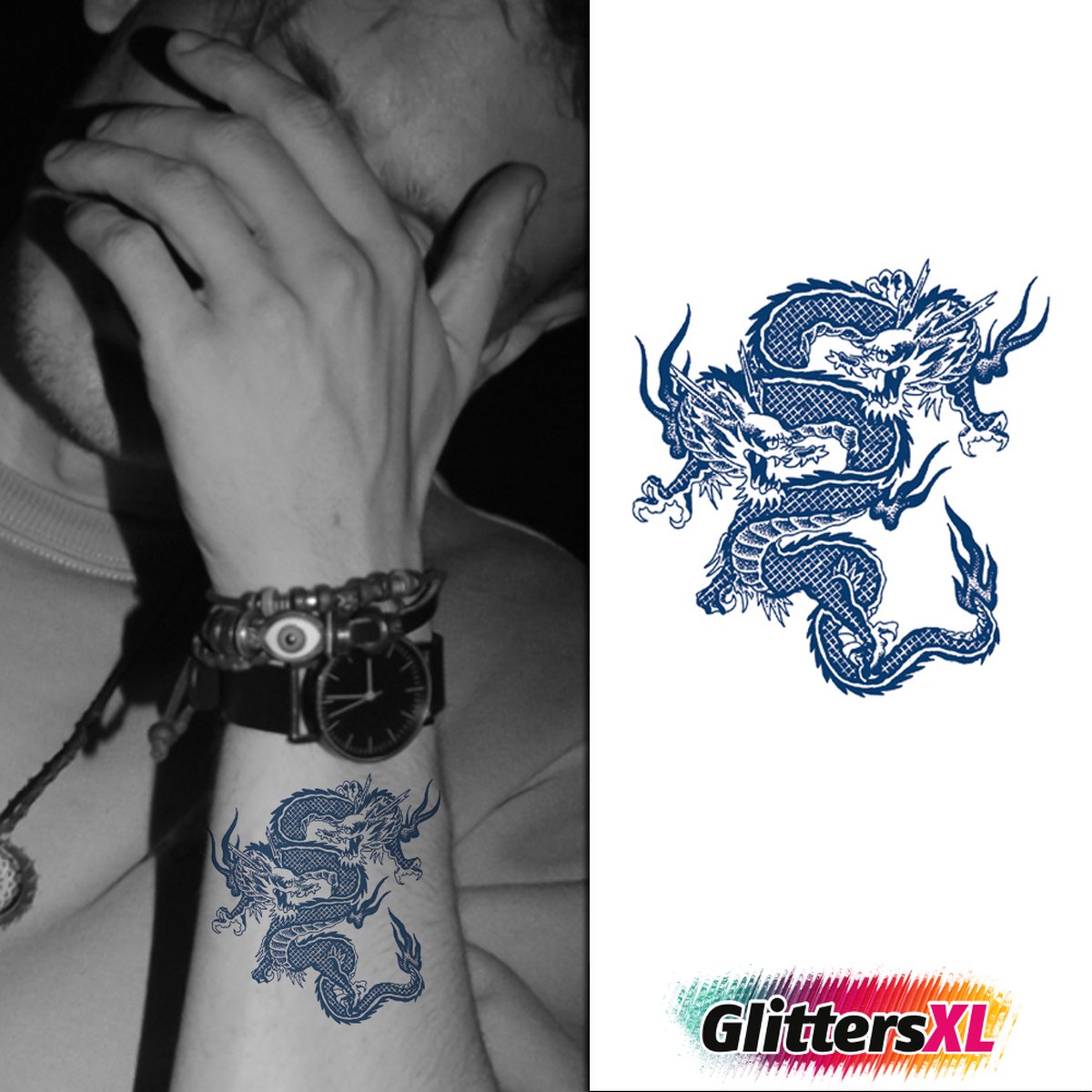 GlittersXL - Temporary Tattoo Japanse Draak (6x6 cm) [Semi-Permanente Neptattoo - Tijdelijke tatoeage - Nep Fake Tattoos - Water overdraagbare festival sticker henna outfit tattoo - Glitter tattoo - Volwassenen Kinderen Jongen Meisje]